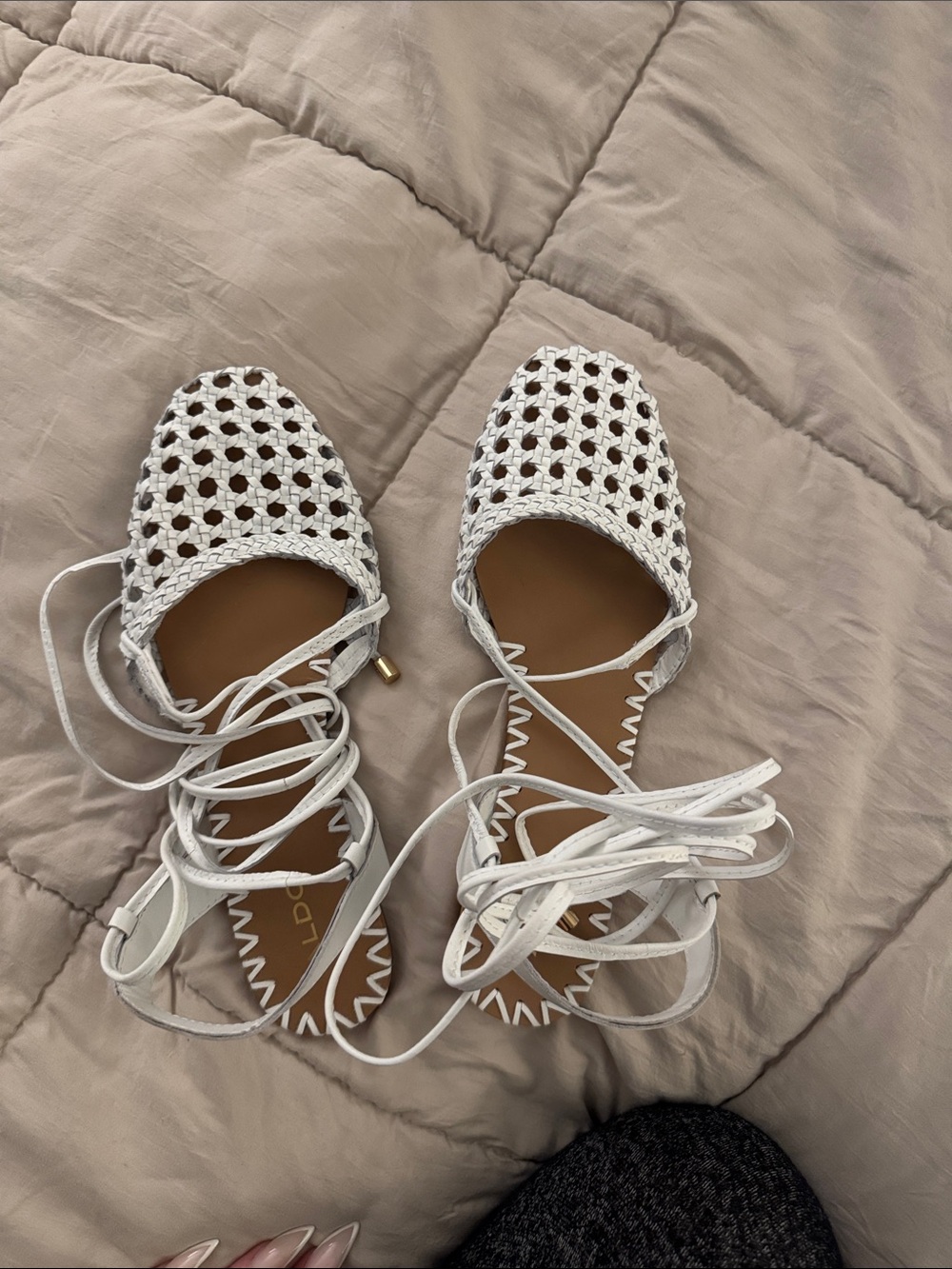 Aldo White Woven Lace-Up Flat Sandals